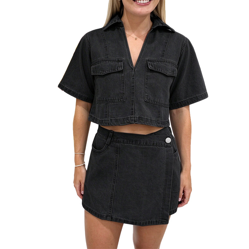 Cropped Denim Shirt & Mini Skirt Set