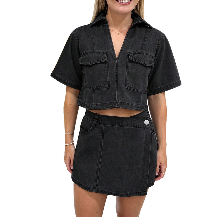 Cropped Denim Shirt & Mini Skirt Set