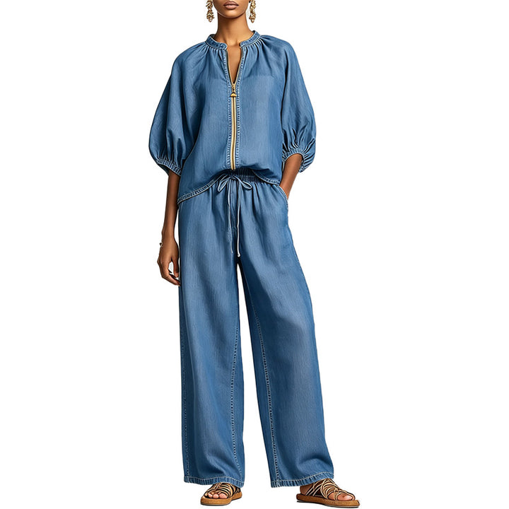 Zip Front Wide Leg Two-Piece Set