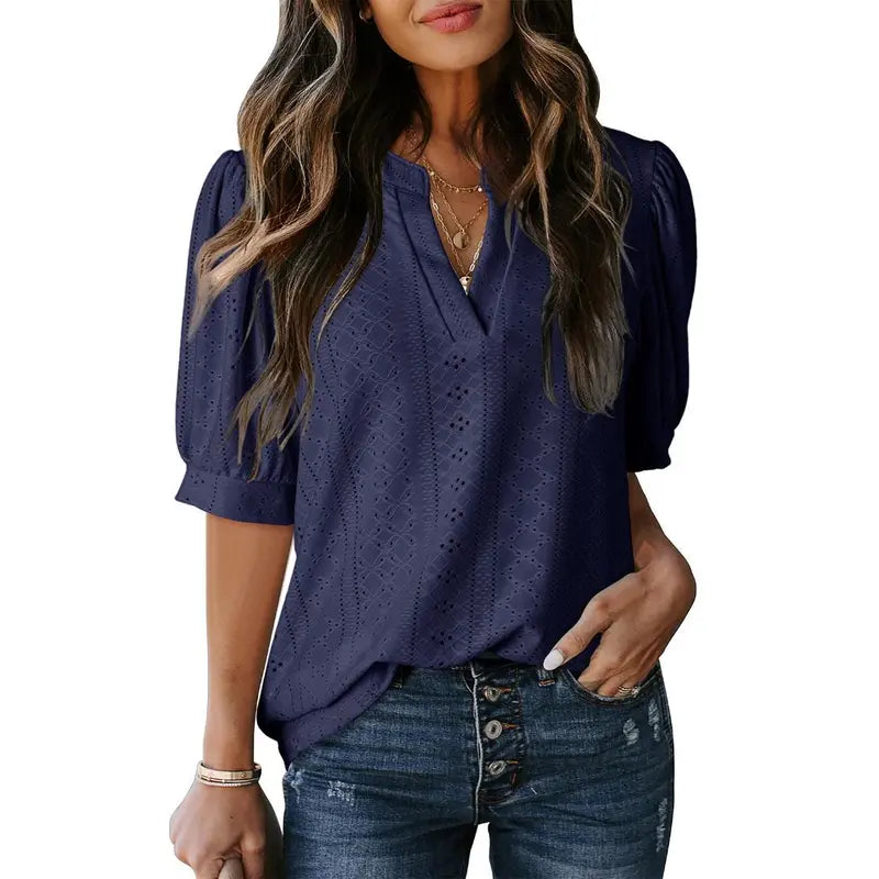 Eyelet V Neck Casual Blouse