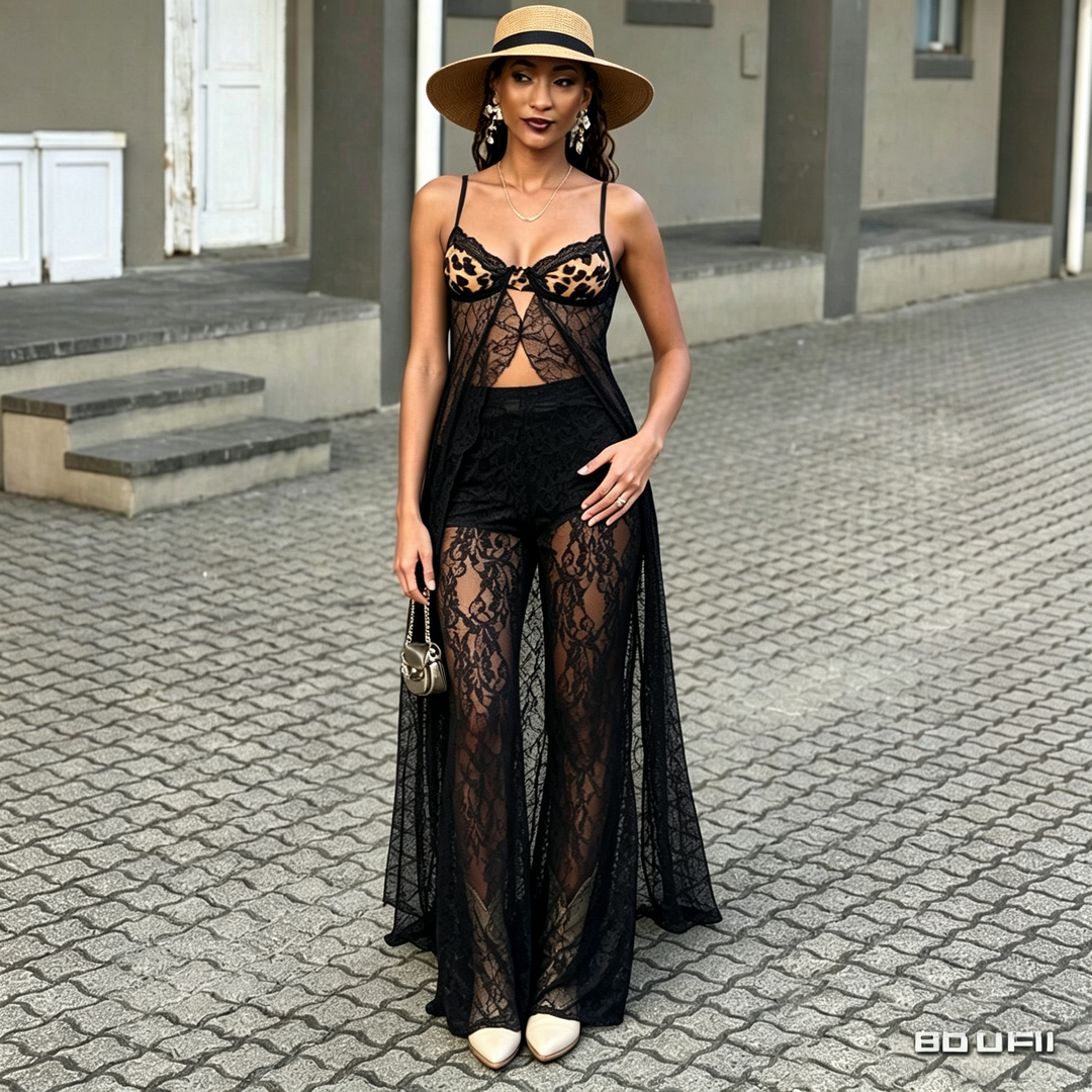 Sheer Lace Wide-Leg Pants – Eye-Catching Women's Camisole with Leopard-Print Trim
