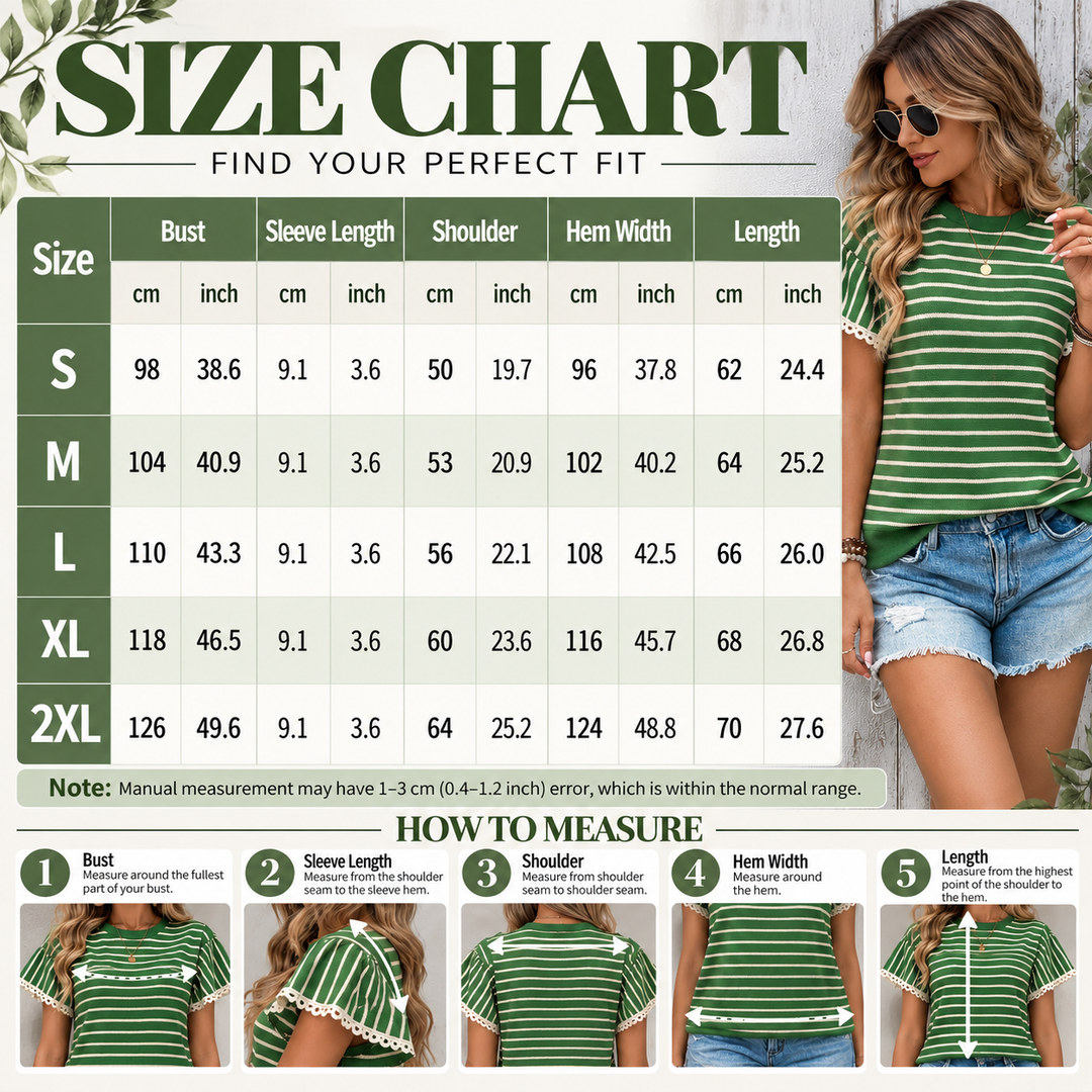 Striped Lace Trim Short Sleeve Top