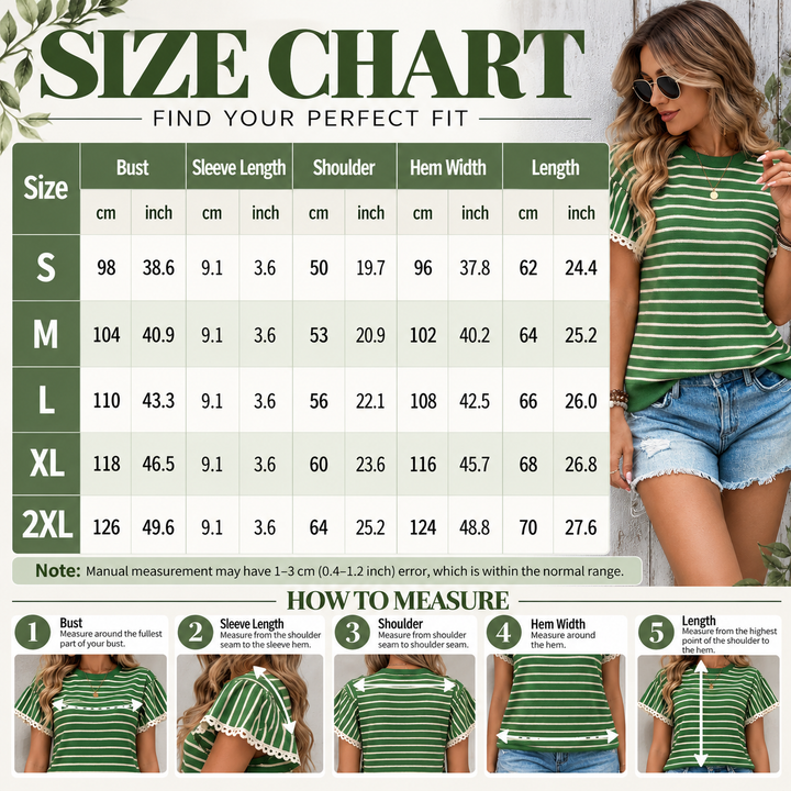 Striped Lace Trim Short Sleeve Top