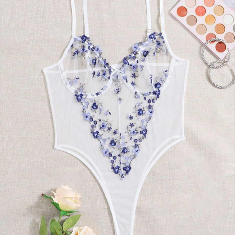 Floral Embroidered Sheer Mesh Bodysuit