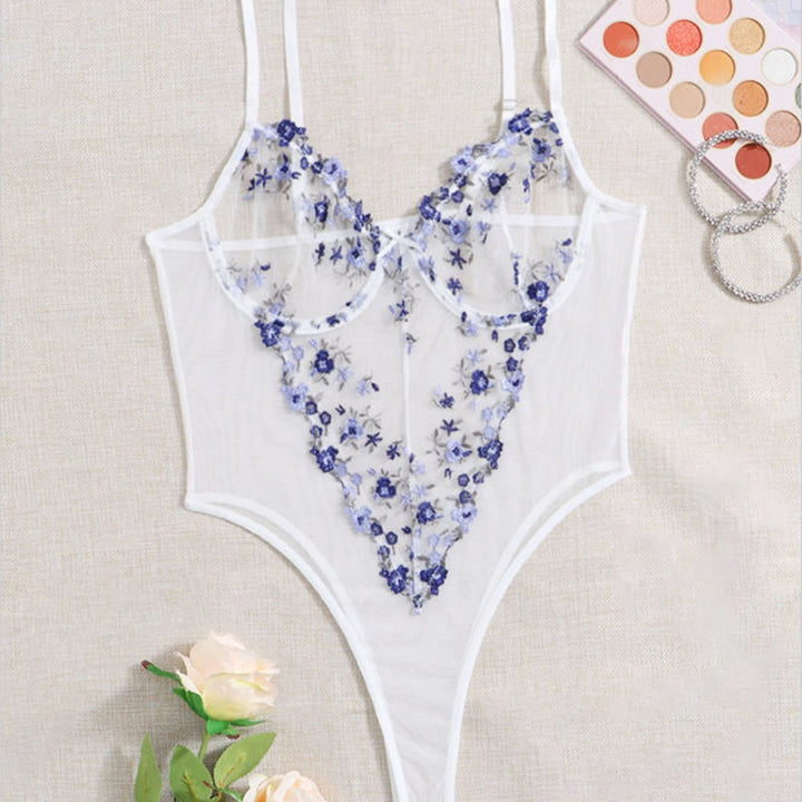 Floral Embroidered Sheer Mesh Bodysuit