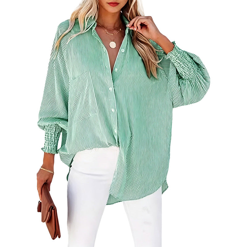 Striped Button Down Smocked Cuff Shirt