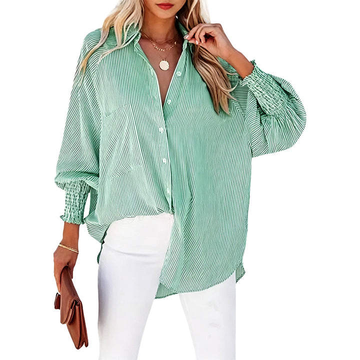 Striped Button Down Smocked Cuff Shirt