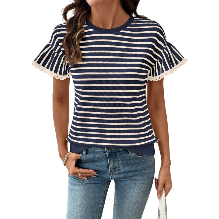 Striped Lace Trim Short Sleeve Top