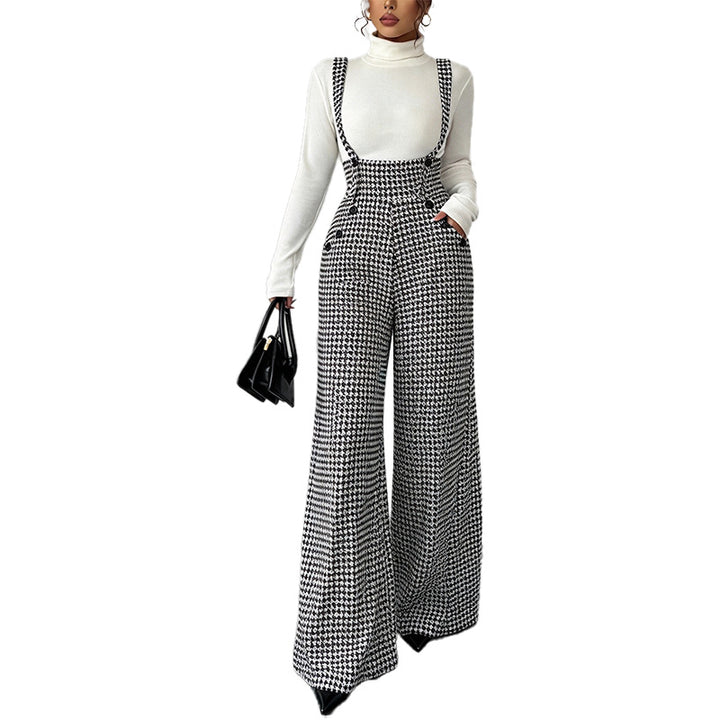 Houndstooth Wide-Leg Overall Jumpsuit