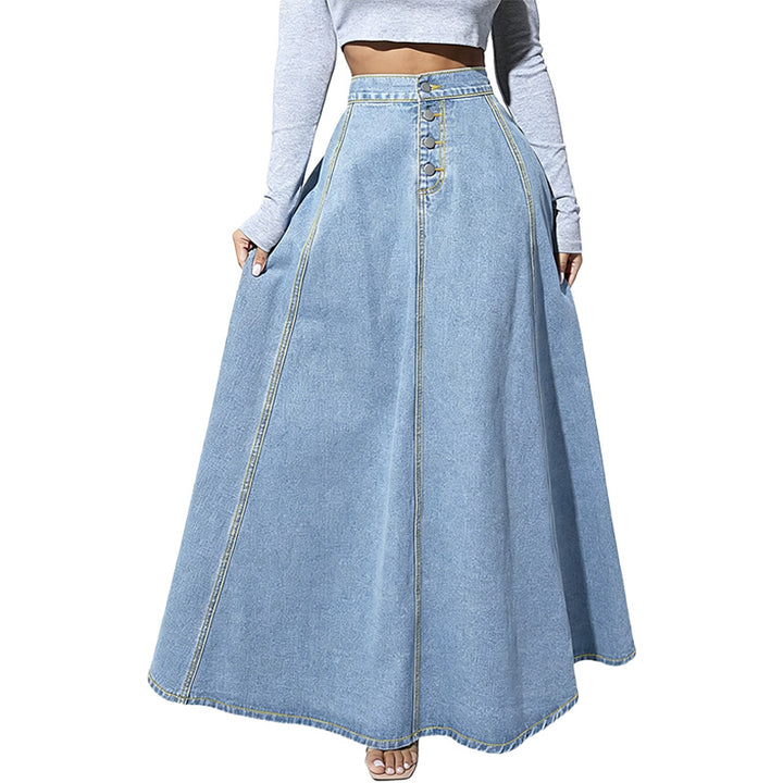 High Waist Button Front Denim Maxi Skirt