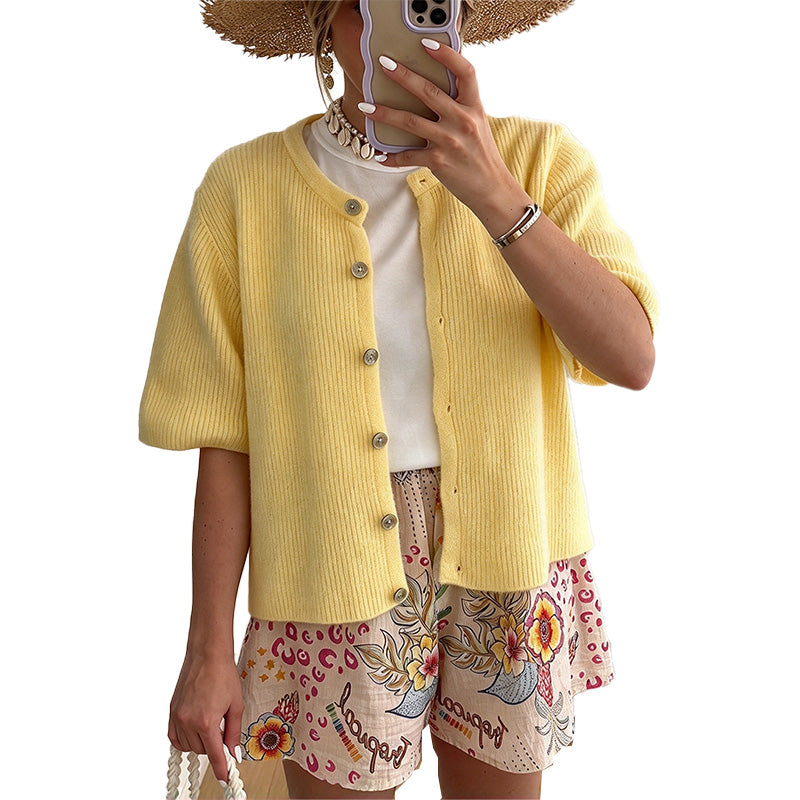 Textured Short Sleeve Button Cardigan