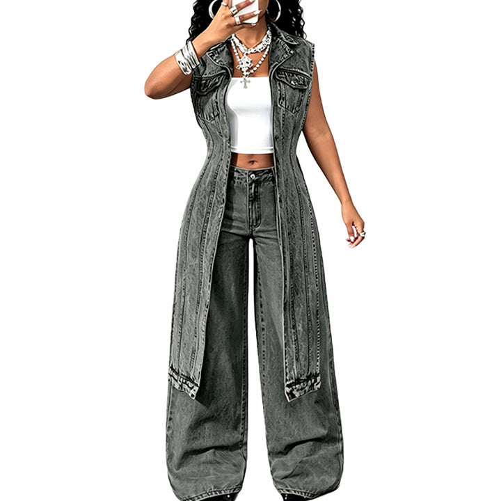 Longline Denim Vest & Wide Leg Pants Set