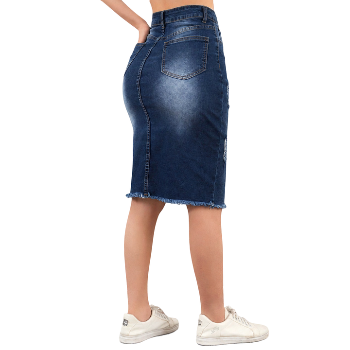Slim-Fit Distressed Denim Skirt