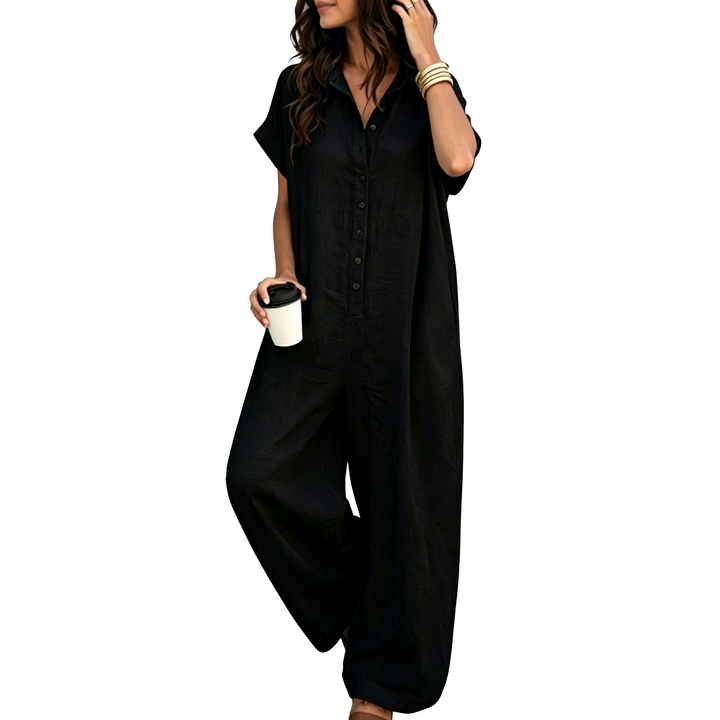 Relaxed Button Front Wide Leg Jumpsuit A
