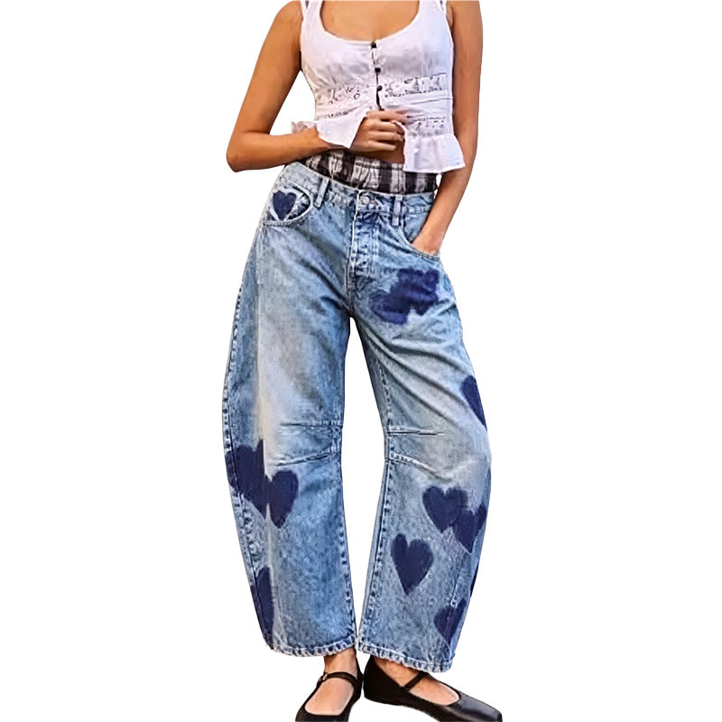 Heart Print Wide Leg Jeans
