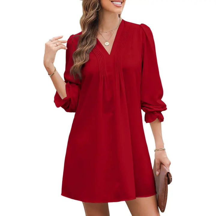 Pleated V Neck Mini Dress