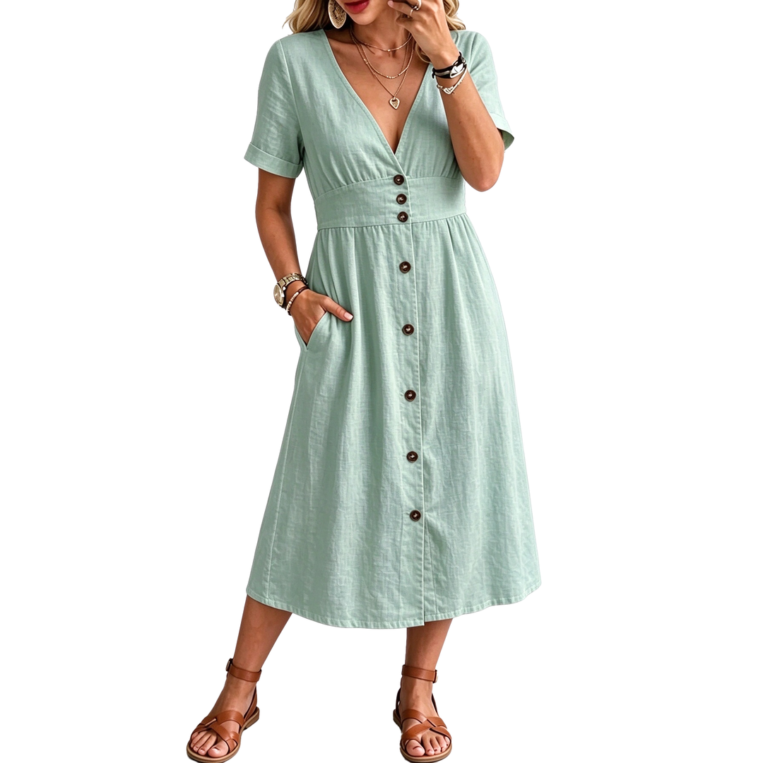 Button-Front Midi Dress
