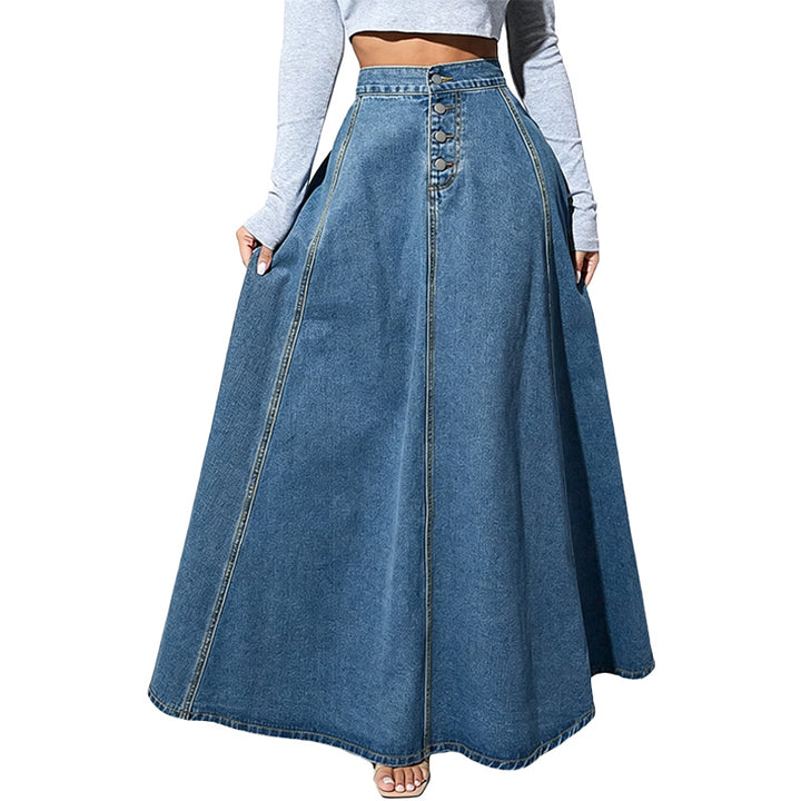 High Waist Button Front Denim Maxi Skirt