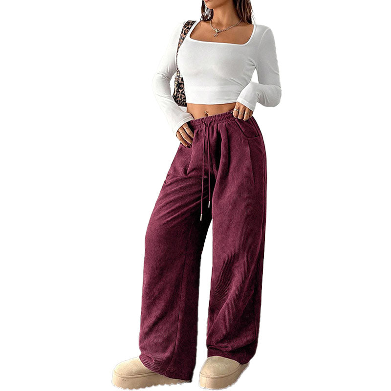 Drawstring Corduroy Wide Leg Pants