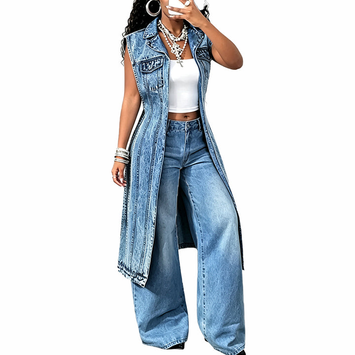 Longline Denim Vest & Wide Leg Pants Set
