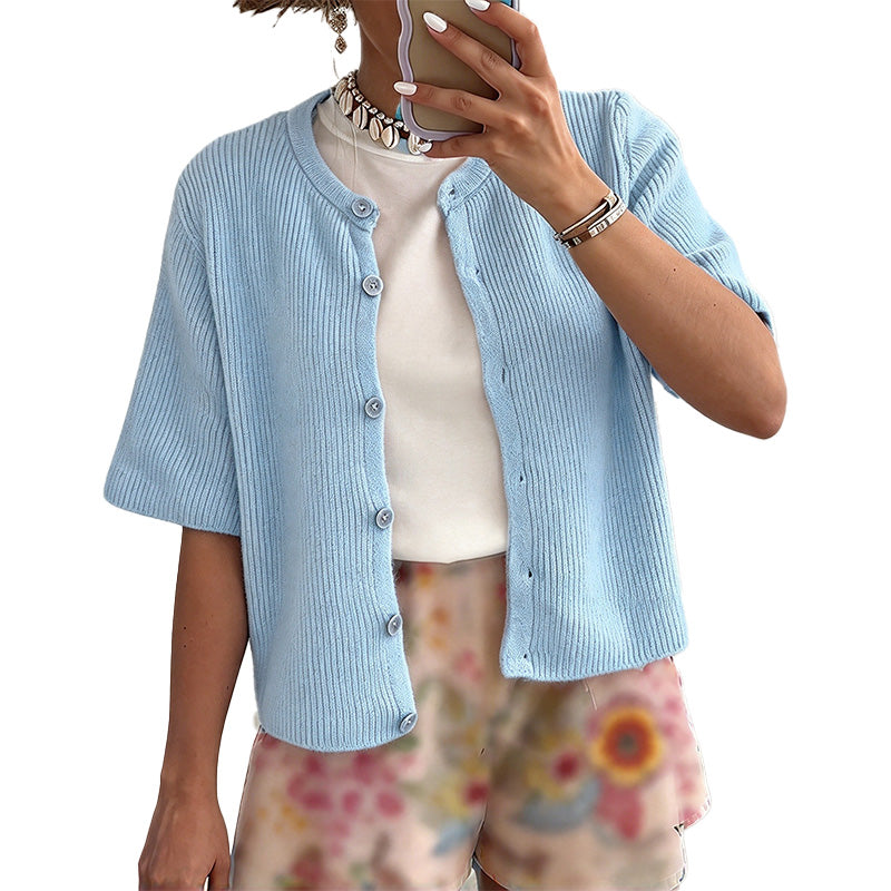 Textured Short Sleeve Button Cardigan