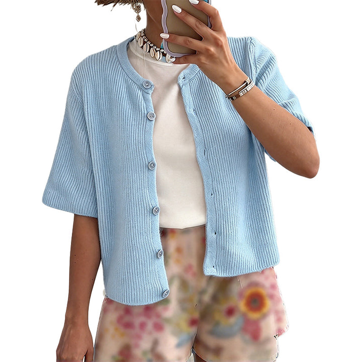 Textured Short Sleeve Button Cardigan