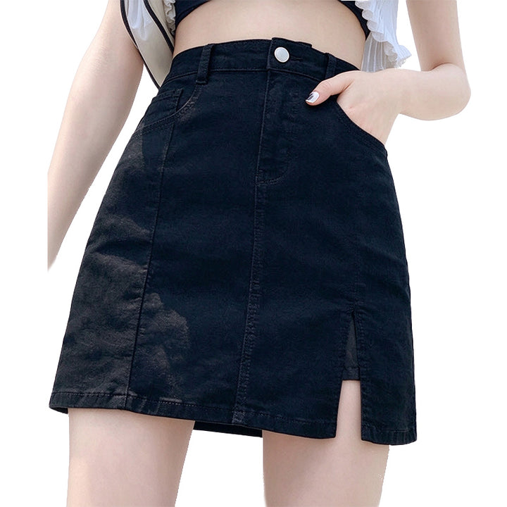 High-Waisted Denim Slit Skirt