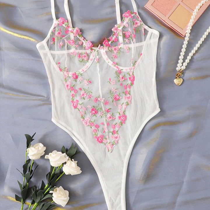 Floral Embroidered Sheer Mesh Bodysuit