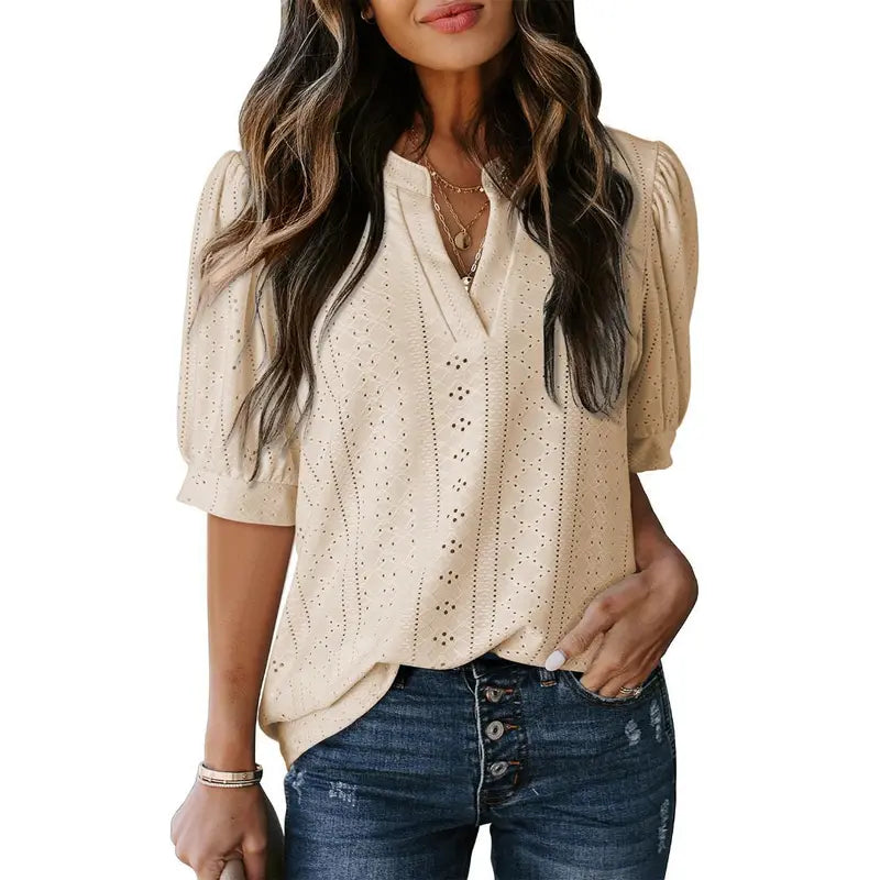 Eyelet V Neck Casual Blouse