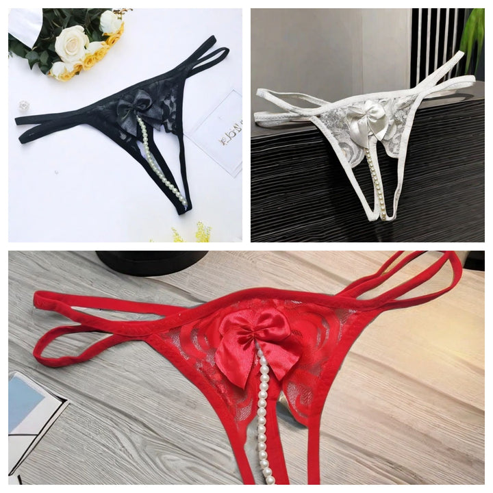 Women’s Lace Thong – Sheer Bow Pearl Detail Lingerie Panty