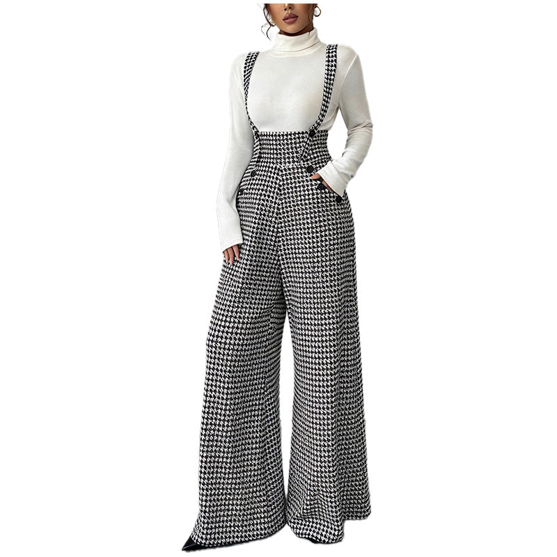 Houndstooth Wide-Leg Overall Jumpsuit