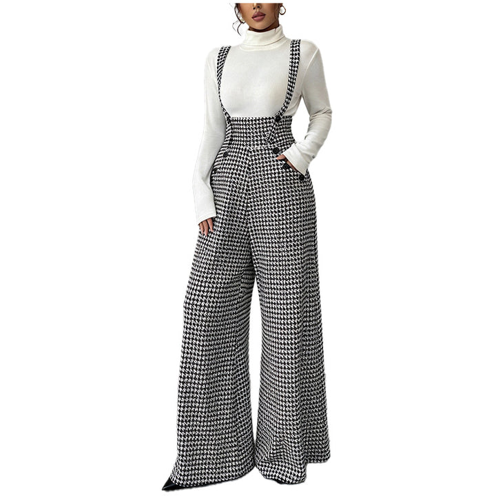 Houndstooth Wide-Leg Overall Jumpsuit