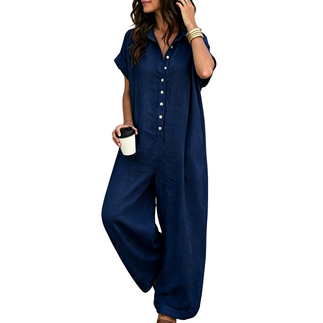 Relaxed Button Front Wide Leg Jumpsuit A