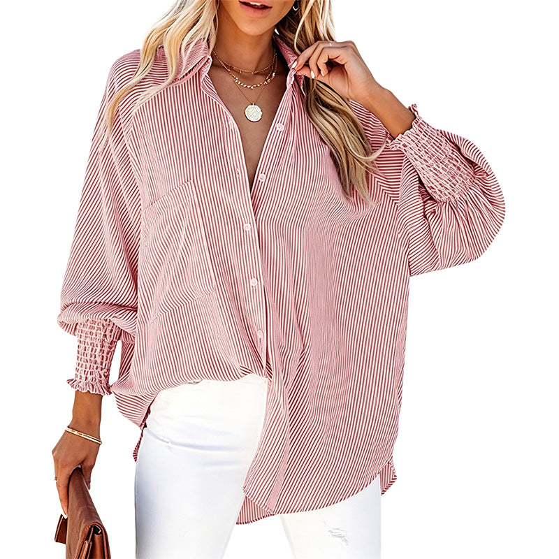 Striped Button Down Smocked Cuff Shirt
