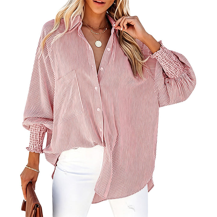 Striped Button Down Smocked Cuff Shirt