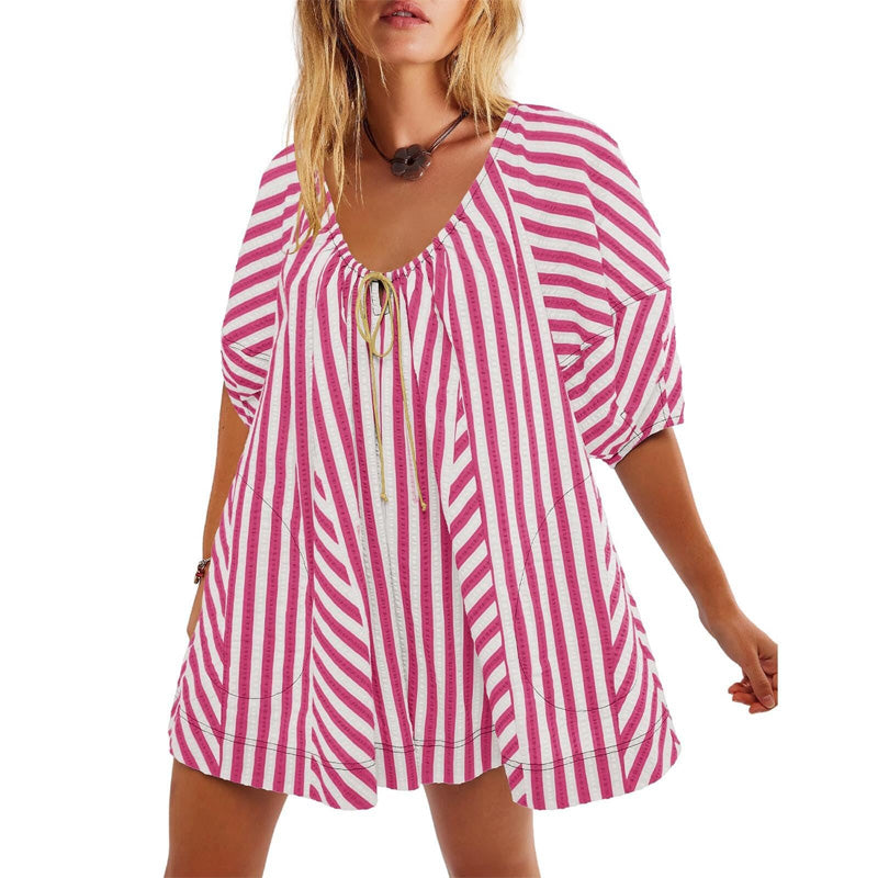 Boho Striped Tie Front Mini Dress