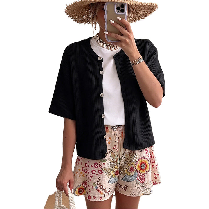 Textured Short Sleeve Button Cardigan