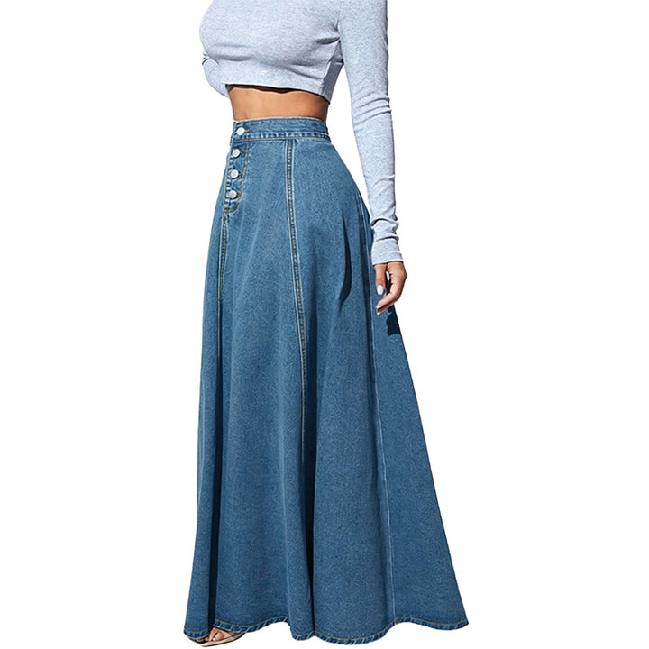 High Waist Button Front Denim Maxi Skirt