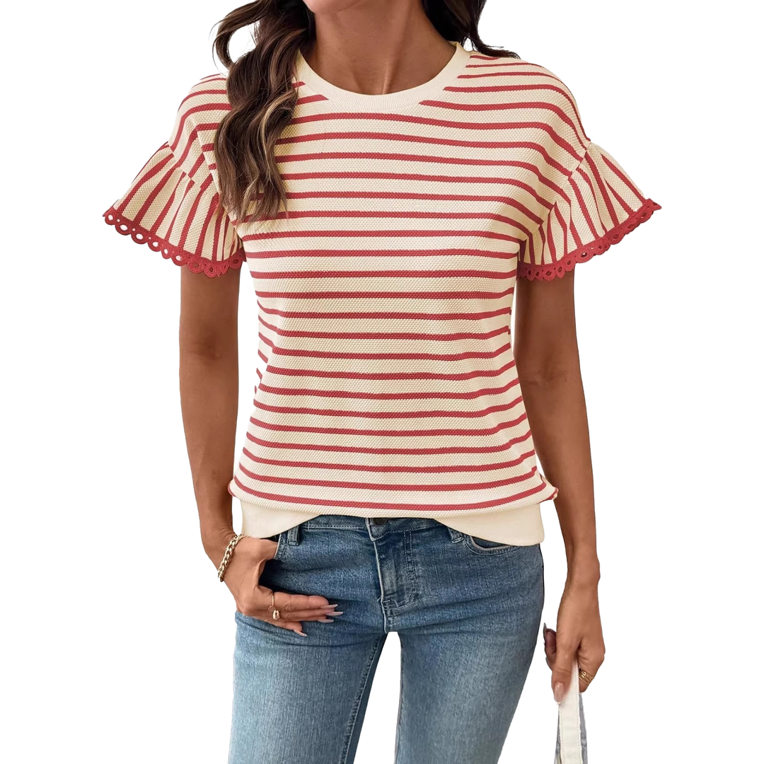 Striped Lace Trim Short Sleeve Top