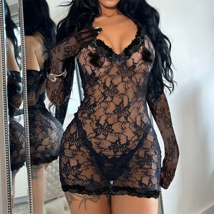 Sheer Lace Dress With Gloves Set