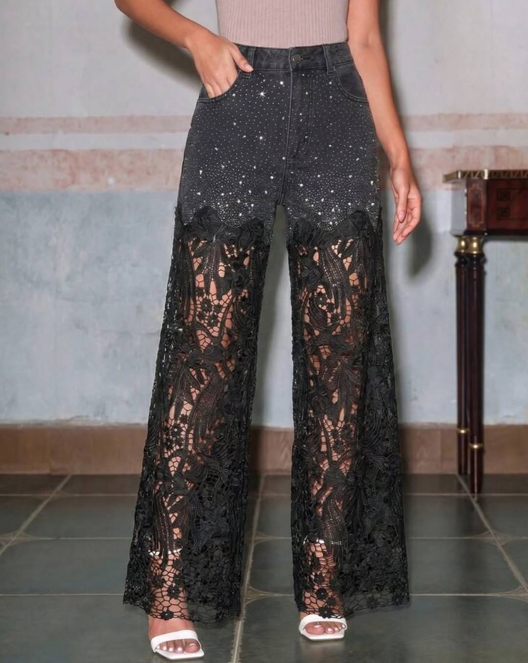 Women’s Lace Patchwork Wide Leg Jeans