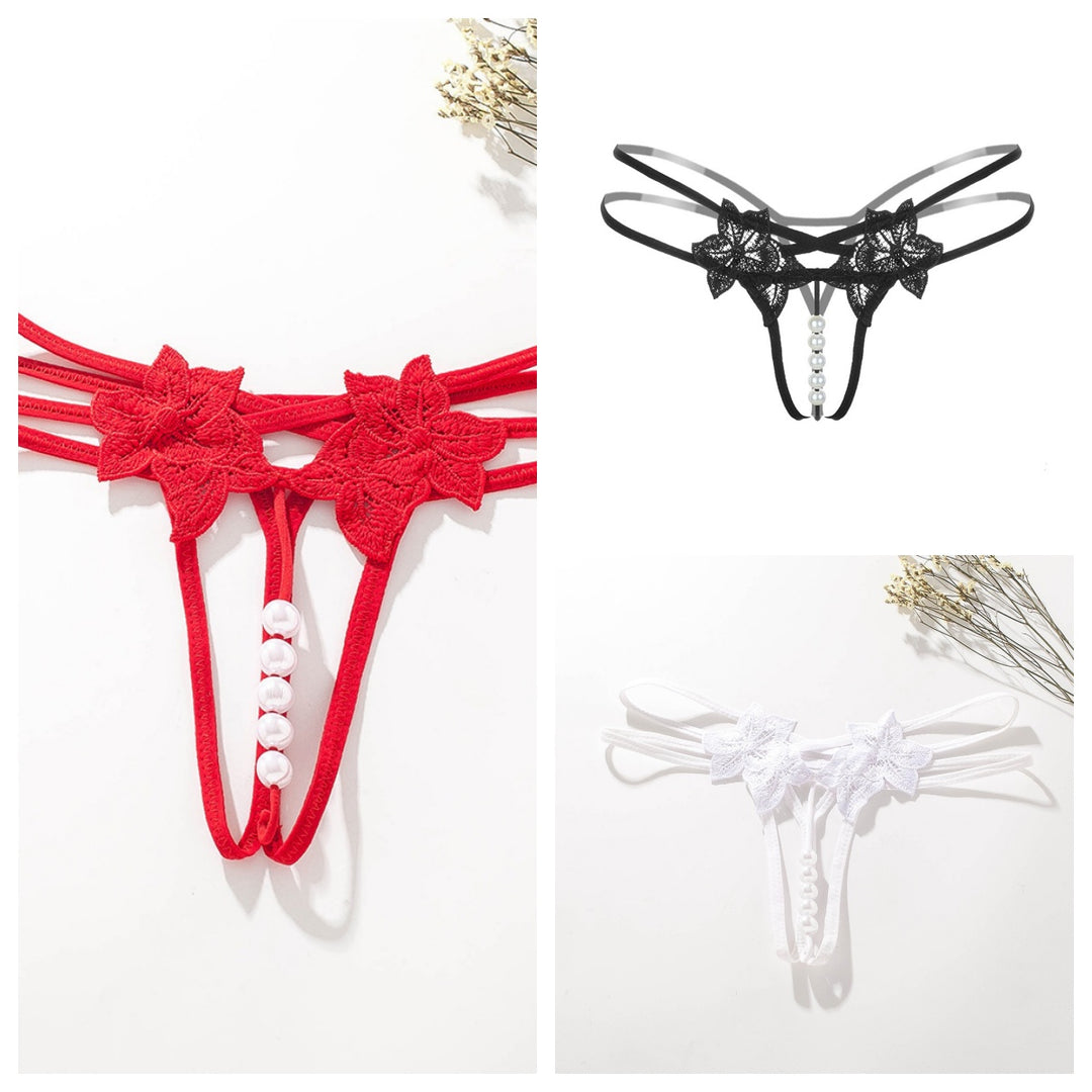 Embroidered Pearl Thong – Sheer Low-Rise Open Design Lingerie for Women