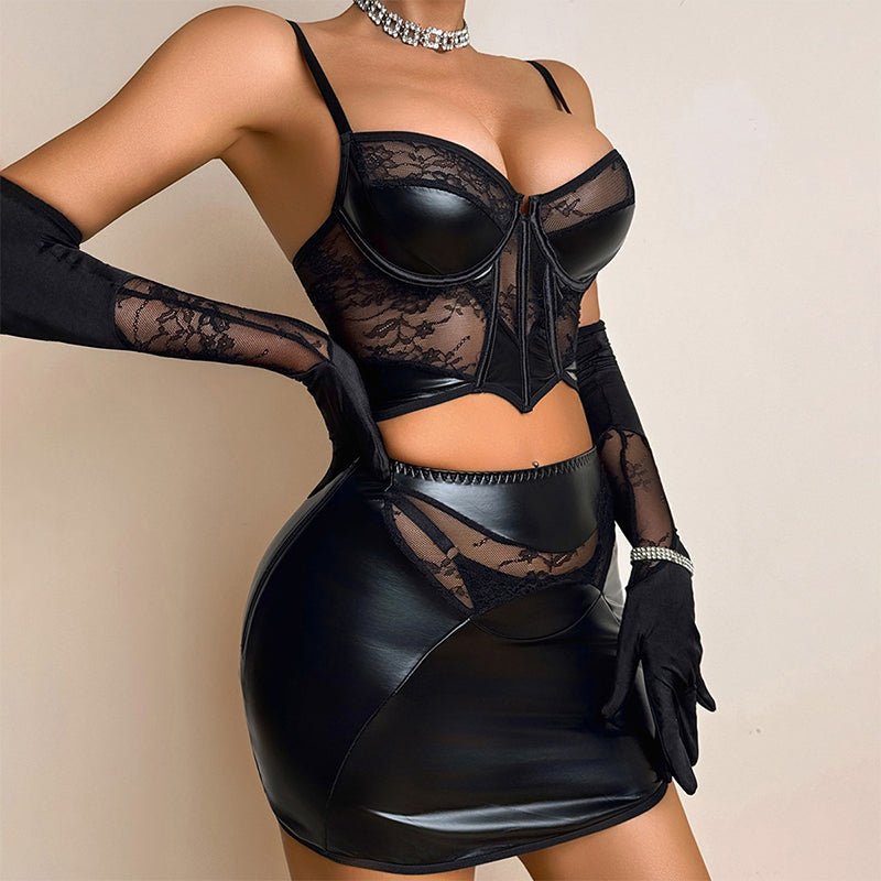 Women's Lace Mesh Faux Leather Patchwork Set