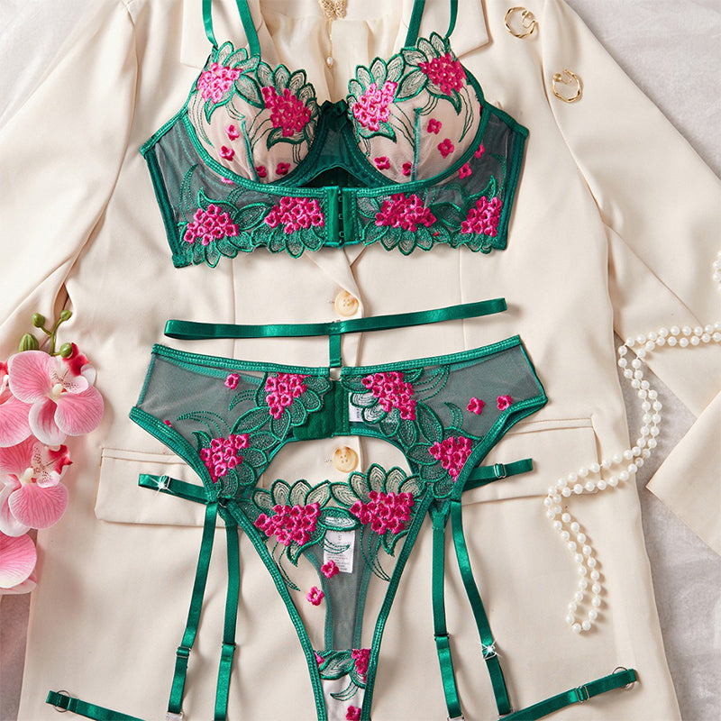 Embroidered Bra & Garter Set