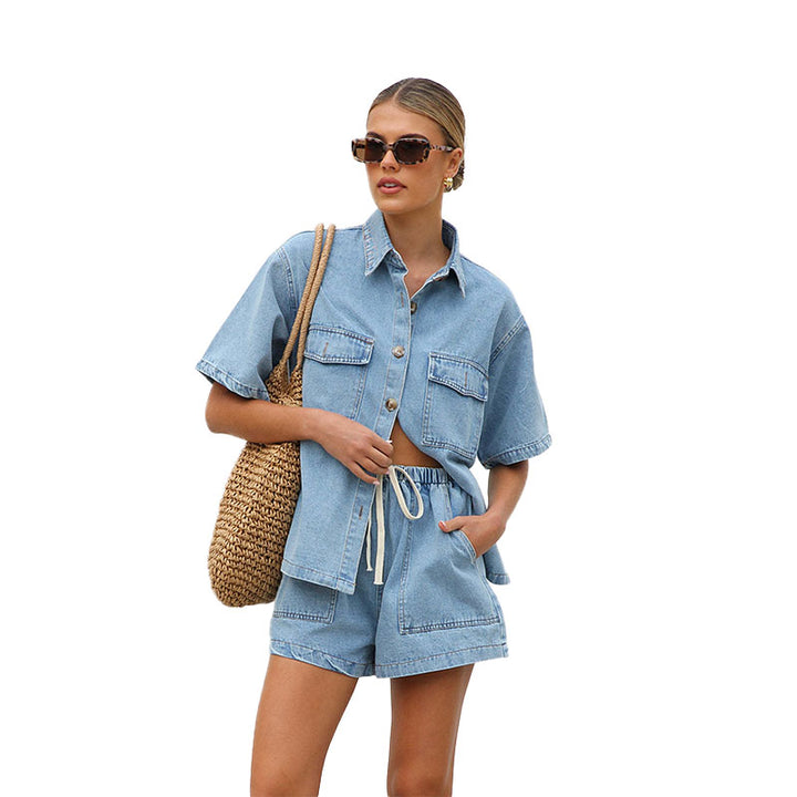 Relaxed Denim Shirt & Shorts Set