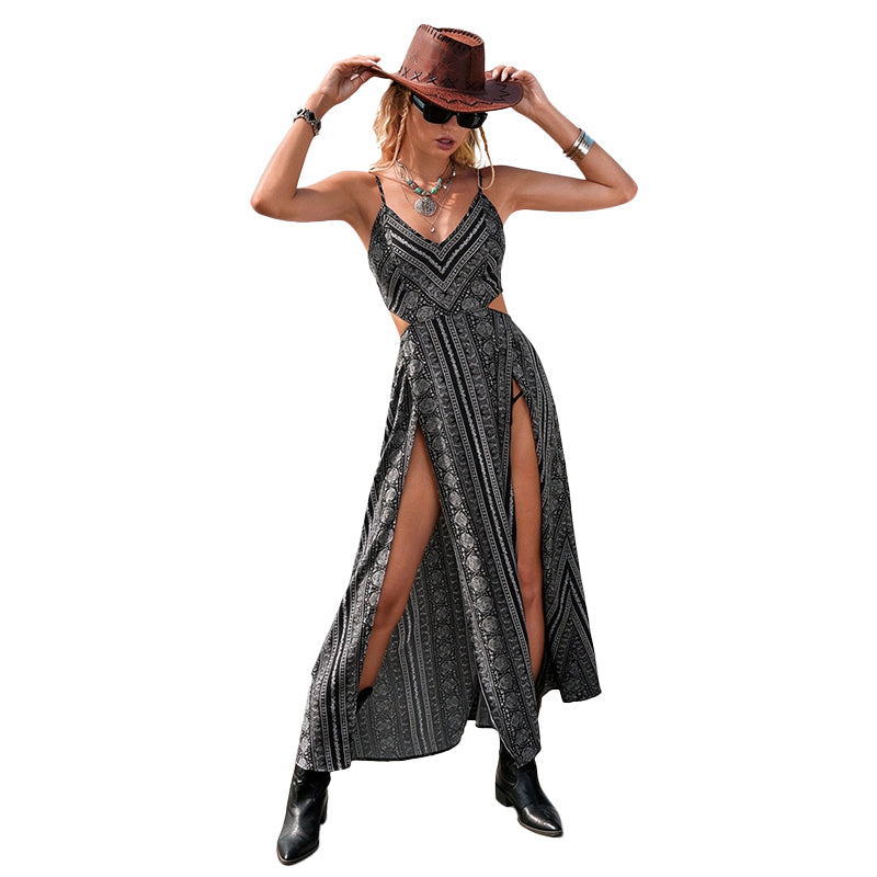 Boho Printed Cutout Maxi Dress