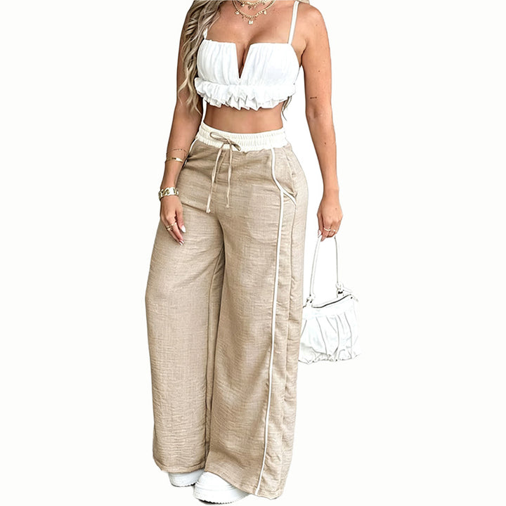 Contrast Trim Wide Leg Pants