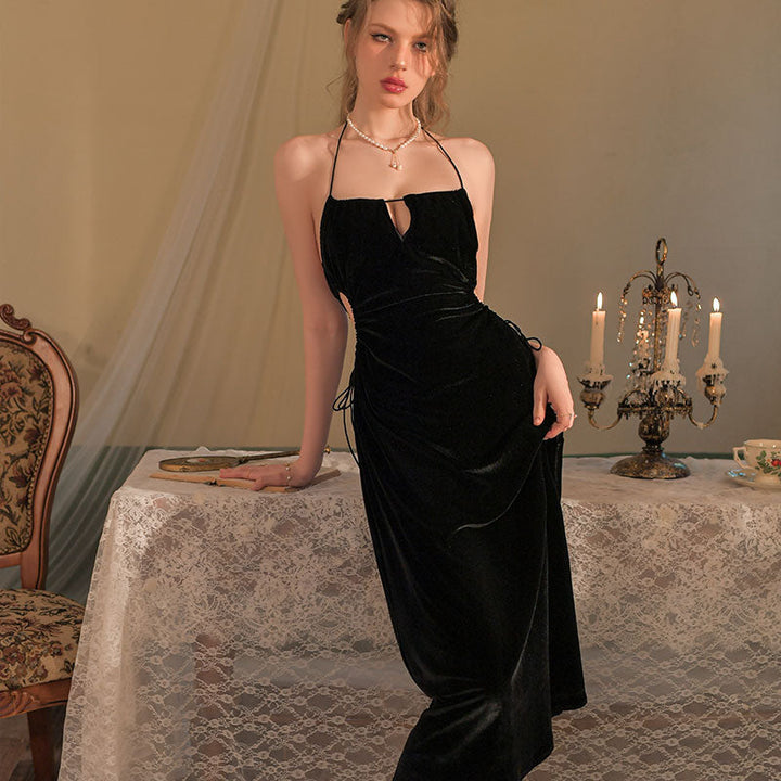 Women Pure Desire For Wind Hollow Out Waist Halter Nightgown Simple Velvet Women's Long Skirt