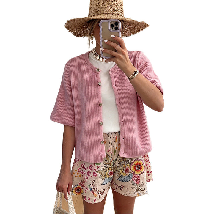 Textured Short Sleeve Button Cardigan