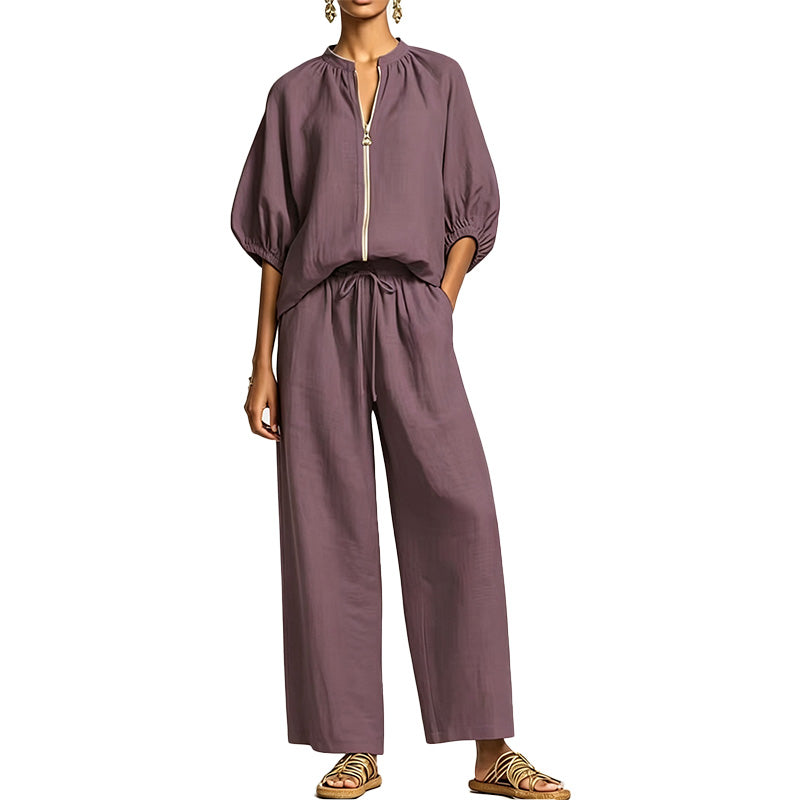 Zip Front Wide Leg Two-Piece Set